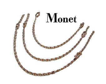 Monet Flat Spiral Necklace Gold Tone Vintage 56 Inch Link Chain Layered Loop Accents Pat Pend 1960s Lobster Claw Clasp