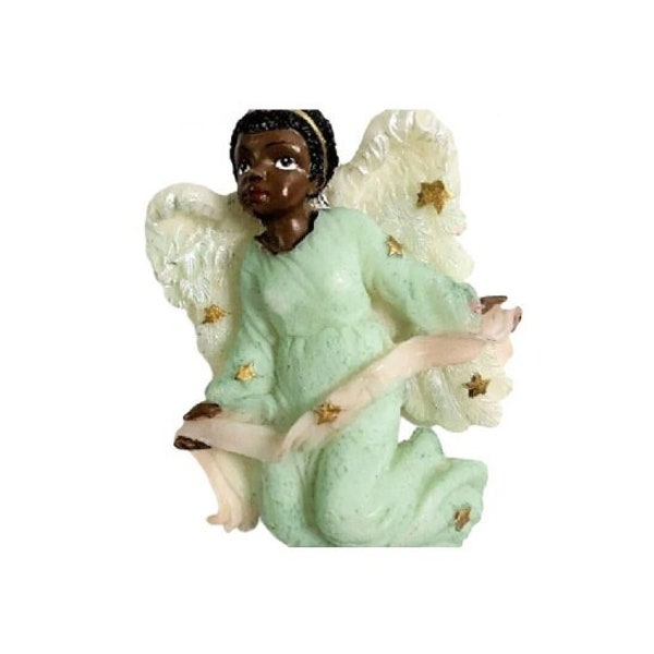 Ganz White Winged Angel Pin Brooch Vintage African American Green Gown Accent Stars Wide Flowing Ribbon Gold Hair Band