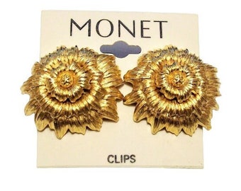 Monet Sunflower Flower Discs Clip On Earrings Gold Tone Vintage Extra Large Layered Ribbed Brushed Scalloped Edges Comfort Paddles
