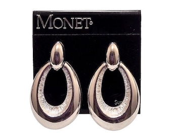 Monet Door Knocker Hoop Pierced Post Earrings Vintage Oval Silver Tone Large Domed Button Dangles