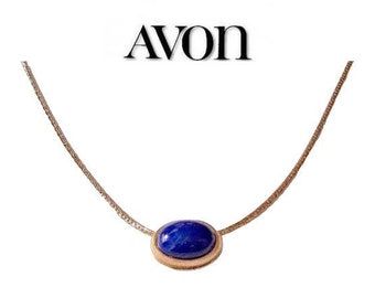 Avon Blue Marbled Link Chain Necklace Pendant Choker Gold Tone Vintage 1981 Deep Azure Motif Flat Layered Link Chain Spring Clasp