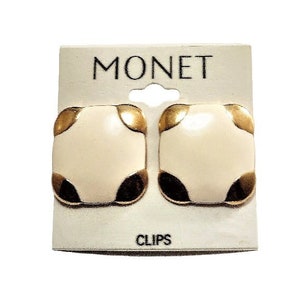 Monet Beige Square Tipped Clip On Earrings Gold Tone Vintage Smooth Enamel Accent Curved Corners Big Brushed Backs Comfort Paddles