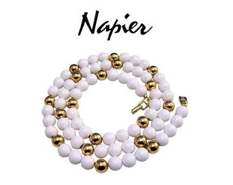 Napier White Lucite 9mm Bead Necklace Gold Tone Vintage Round Accent Spacers Foldover Clasp Closure