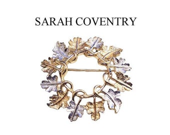 Sarah Coventry Leaf Pin Brooch Gold Silver Tone Vintage Garland Wreath Frosted Texture Round Open Brooch
