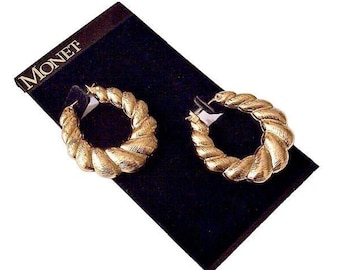 Monet Big Brushed Swirl Shrimp Hoops Pierced Post Stud Earrings Gold Tone Vintage Florentine Lined Graduated Band Thick Puffed Dangles