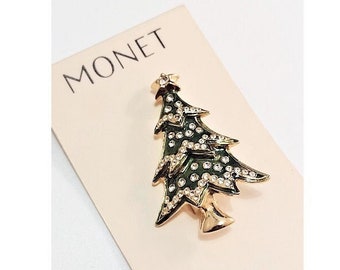 Monet Green Christmas Tree Pin Brooch Gold Tone Vintage Three Layer Crystal Encrusted Smooth Enamel Top Star