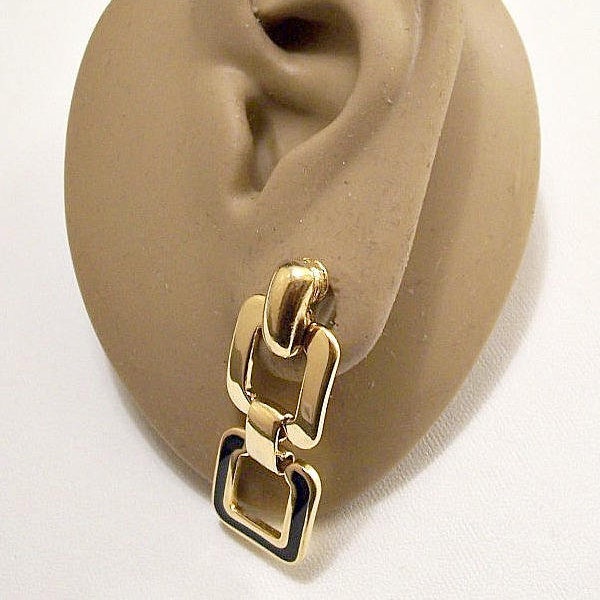 Monet Blue Square hoepel doorboorde Stud Earrings Gouden Toon Vintage Marine glazuur gestreepte rand dubbele Ring ketting Link hangertjes