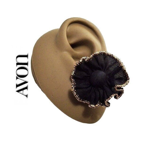 Avon Black Flower Clip On Earrings Gold Tone Vintage 1988 Ruffled Fabric Thread Edge Accent Round Center Button