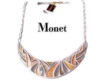 Monet Bimini Palm Leaf Runway Choker Necklace Gold Tone Vintage White Green Orange Yellow Enamel Slotted Pendant Swirl Open Chain Links