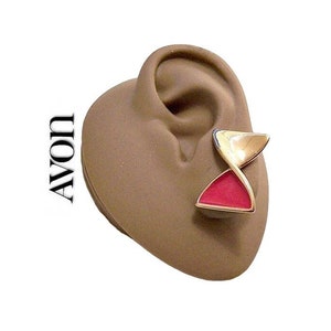 Avon Pink Fuchsia Bow Twist Clip On Earrings Gold Tone Vintage 1988 Swirl Double Triangles