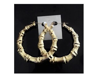 Bamboo Big Hoops Pierced Post Stud Gold Tone Vintage Extra Large Rib Lined Brushed Old Stock Lightweight Open Dangles