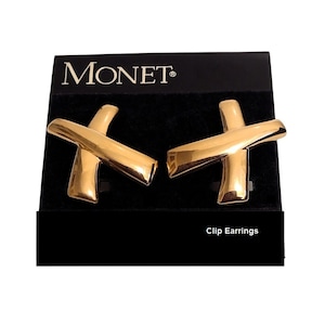 Monet Crossed Band Clip On Earrings Vintage Gold Tone Wide Polished Domed Strands