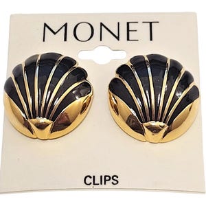 Monet Black Stripe Sea Shell Clip On Earrings Vintage Gold Tone Large Round Discs