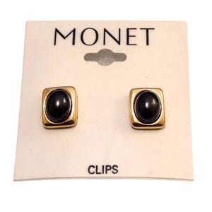 Monet Black Oval Bead Clip On Earrings Small Vintage Gold Tone Square Box Frame Buttons