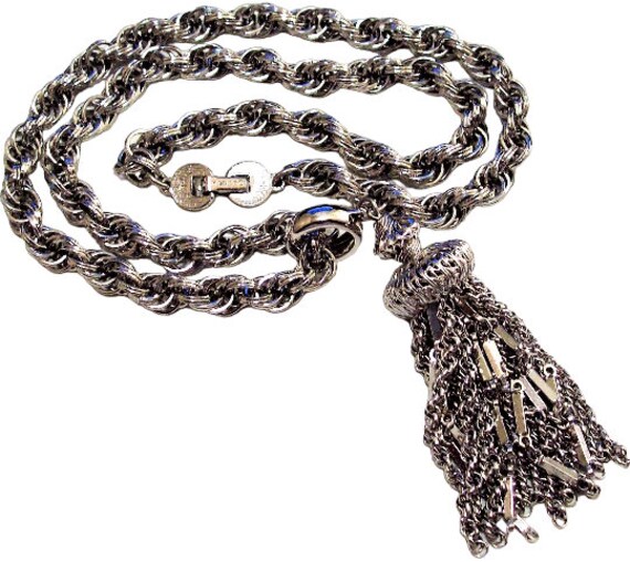 Monet Chain Tassel Necklace Silver Tone Vintage T… - image 4