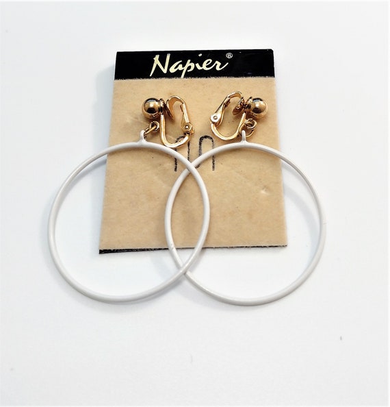 Napier White Thin Hoops Clip On Earrings Gold Ton… - image 9