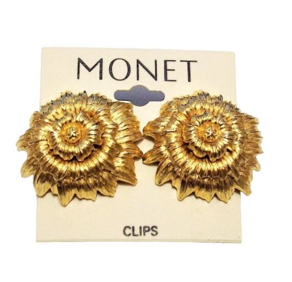 Monet Sunflower Flower Discs Clip On Earrings Gol… - image 10