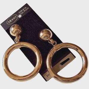 3 1/4" Monet Jumbo Thick Tube Hoops Pierced Post Earrings Vintage Gold Tone Polished Metal Domed Top Button