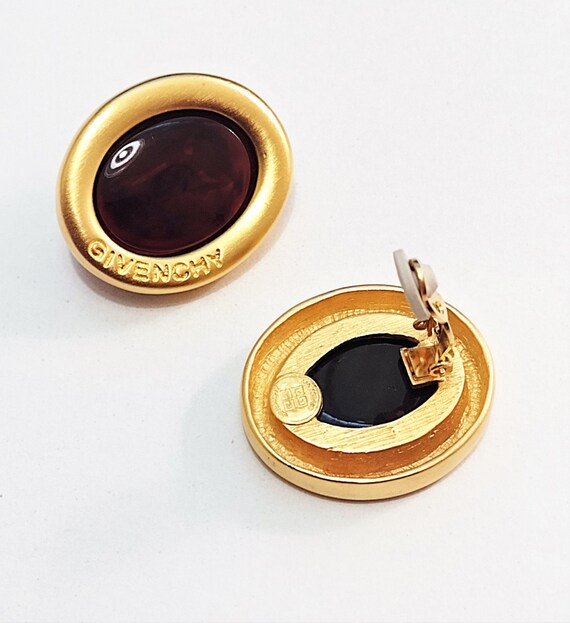 Givenchy Red Black Clip on Earrings Gold Tone Vintage Satin Oval