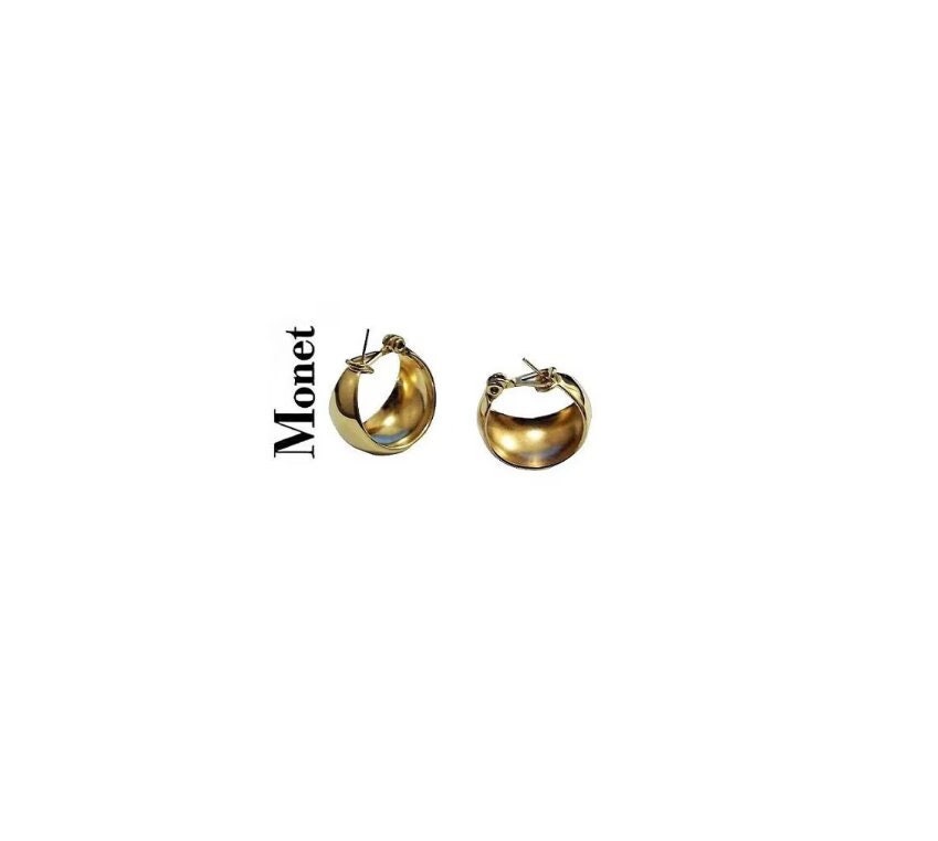 Monet Wide Bottom Hoops Pierced Post Stud Earrings Gold Tone