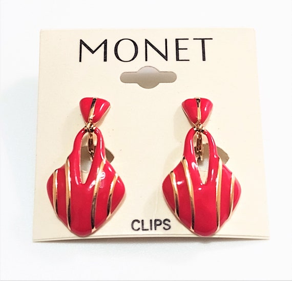 Monet Red Striped Shield Clip On Earrings Gold To… - image 10
