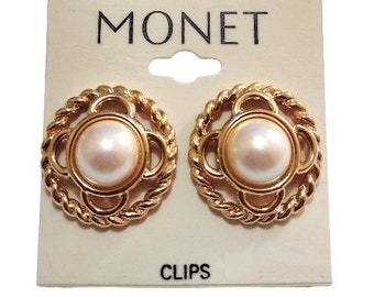 Monet White Pearl Twisted Rope Clip On Earrings Gold Tone Vintage Open Half Round Loops Brushed Backs Comfort Paddles