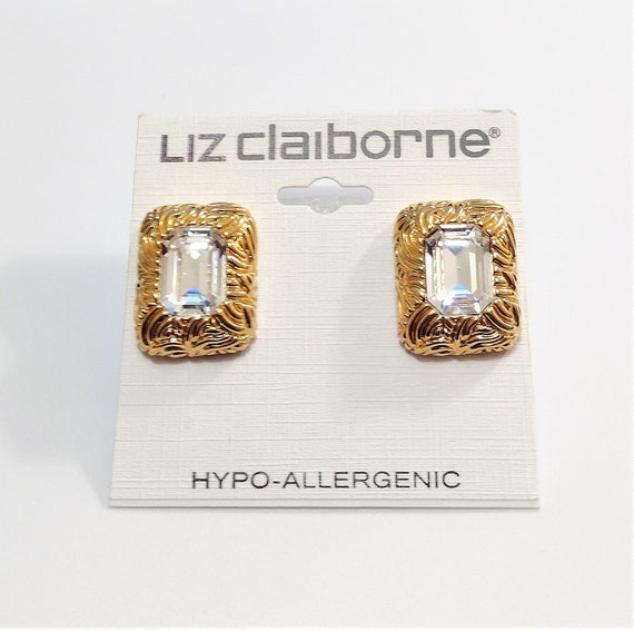 Liz Claiborne Square Crystal Clip On Earrings Gol… - image 10