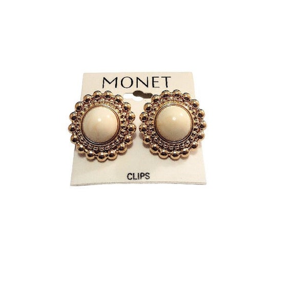 Monet Beige Marbled Stone Bead Clip On Earrings G… - image 1