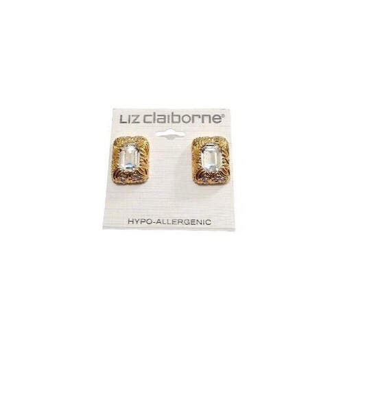 Liz Claiborne Square Crystal Clip On Earrings Gol… - image 1