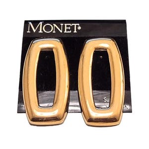 Monet Long Box Pierced Post Earrings Vintage Gold Tone Rectangle Shape Domed Polished Bands
