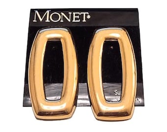 Monet Long Box Pierced Post Earrings Vintage Gold Tone Rectangle Shape Domed Polished Bands