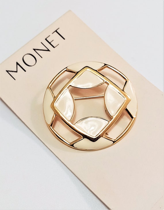 Monet Beige Slotted Pin Brooch Gold Tone Vintage … - image 6