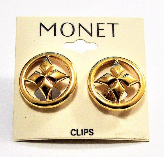 Monet Diamond Star Ring Clip On Earrings Gold Ton… - image 4