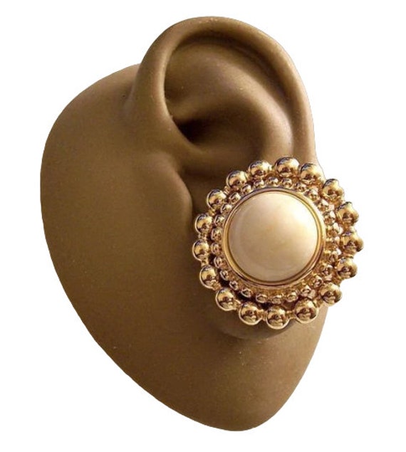 Monet Beige Marbled Stone Bead Clip On Earrings G… - image 2