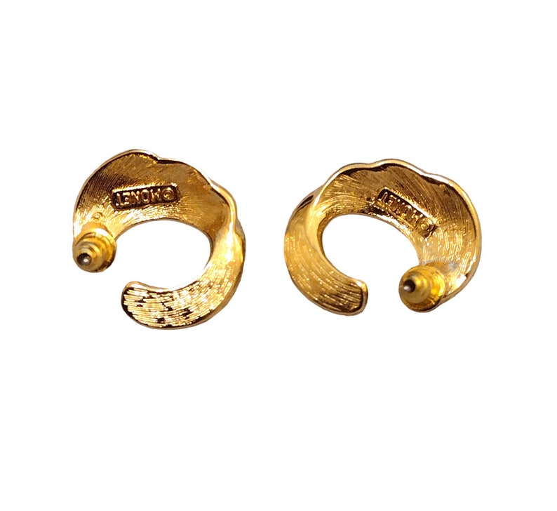 Monet Curved Crescent Ribbed Clip On or Pierced Post Earrings Gold Tone Vintage Open End Round Swirl Lined Buttons