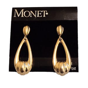 1 1/2" Monet Scallop Bottom Pierced Post Earrings Vintage Gold Tone Polished Oval Tube Band Decorative Button