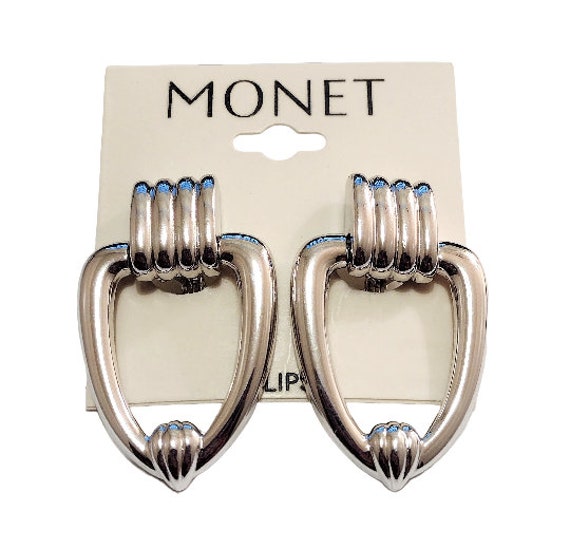 Monet Ribbed Door Knocker Hoops Clip on Earrings Silver Tone