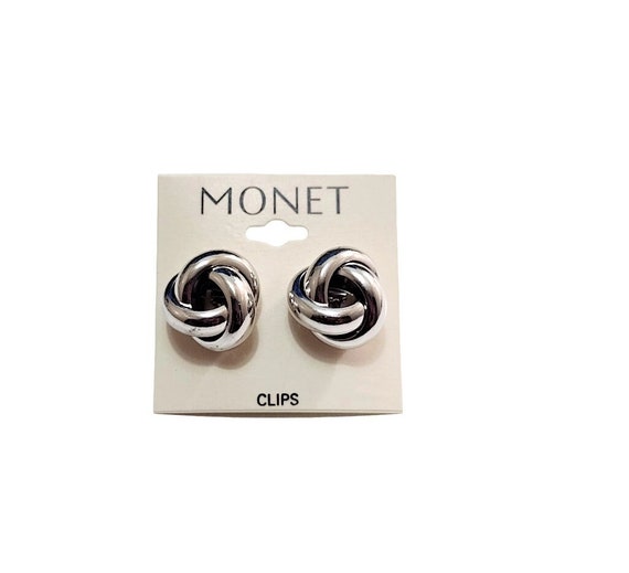 Monet Open Knot Clip On Earrings Silver Tone Plat… - image 1