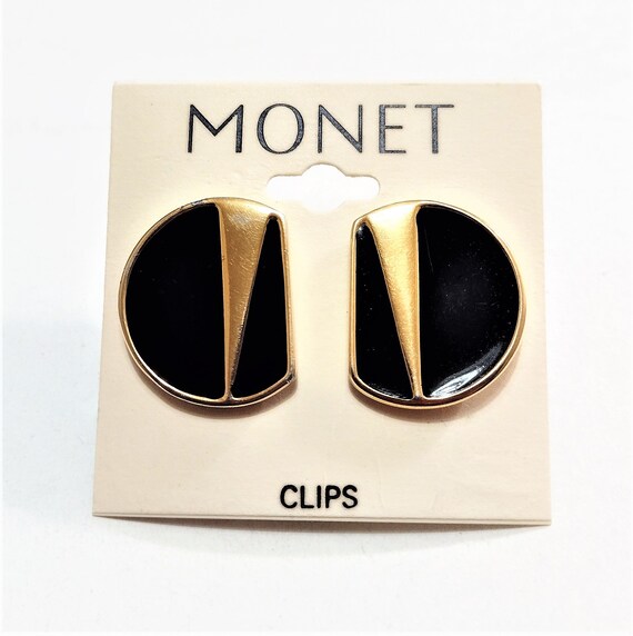 Monet Black Flat Side Circle Clip On Gold Tone Ea… - image 7