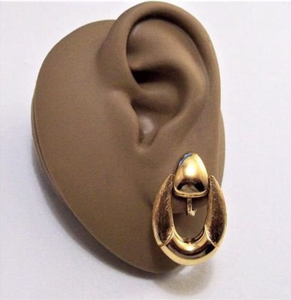 Monet Drop Hoop Door Knocker Clip On Earrings Gol… - image 3