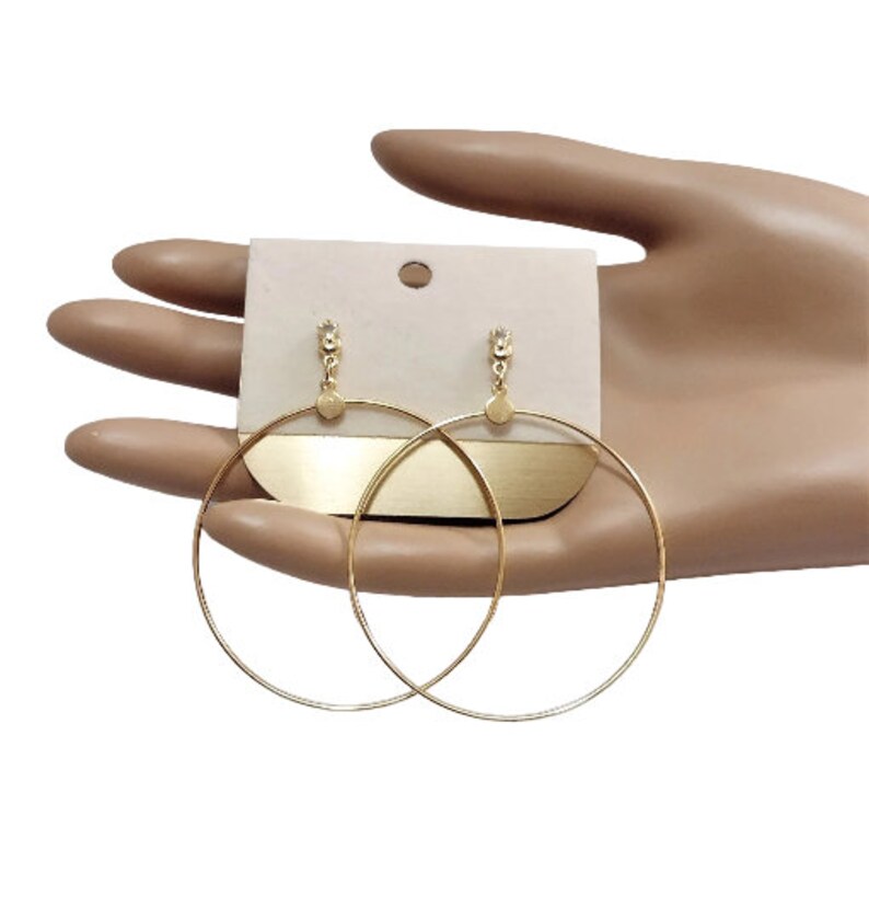 Thin Ring 2 3/4 Long Hoops Pierced Post Stud Earrings Gold Tone Vintage Extra Large Wide Wire Dangles Round Domed Top Beads image 10