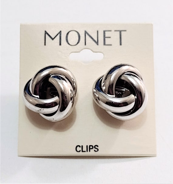 Monet Open Knot Clip On Earrings Silver Tone Plat… - image 4
