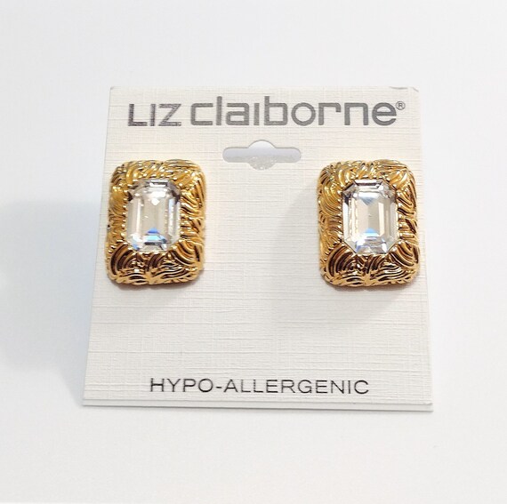 Liz Claiborne Square Crystal Clip On Earrings Gol… - image 7