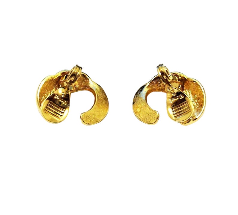 Monet Curved Crescent Ribbed Clip On or Pierced Post Earrings Gold Tone Vintage Open End Round Swirl Lined Buttons