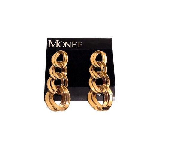 Monet Double Link Hoop Clip On Earrings Vintage P… - image 1