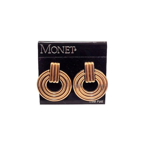 Monet Ribbed Ring Hoop Pierced Post Earrings Vint… - image 1