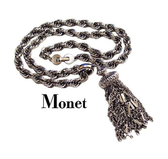 Monet Chain Tassel Necklace Silver Tone Vintage T… - image 5