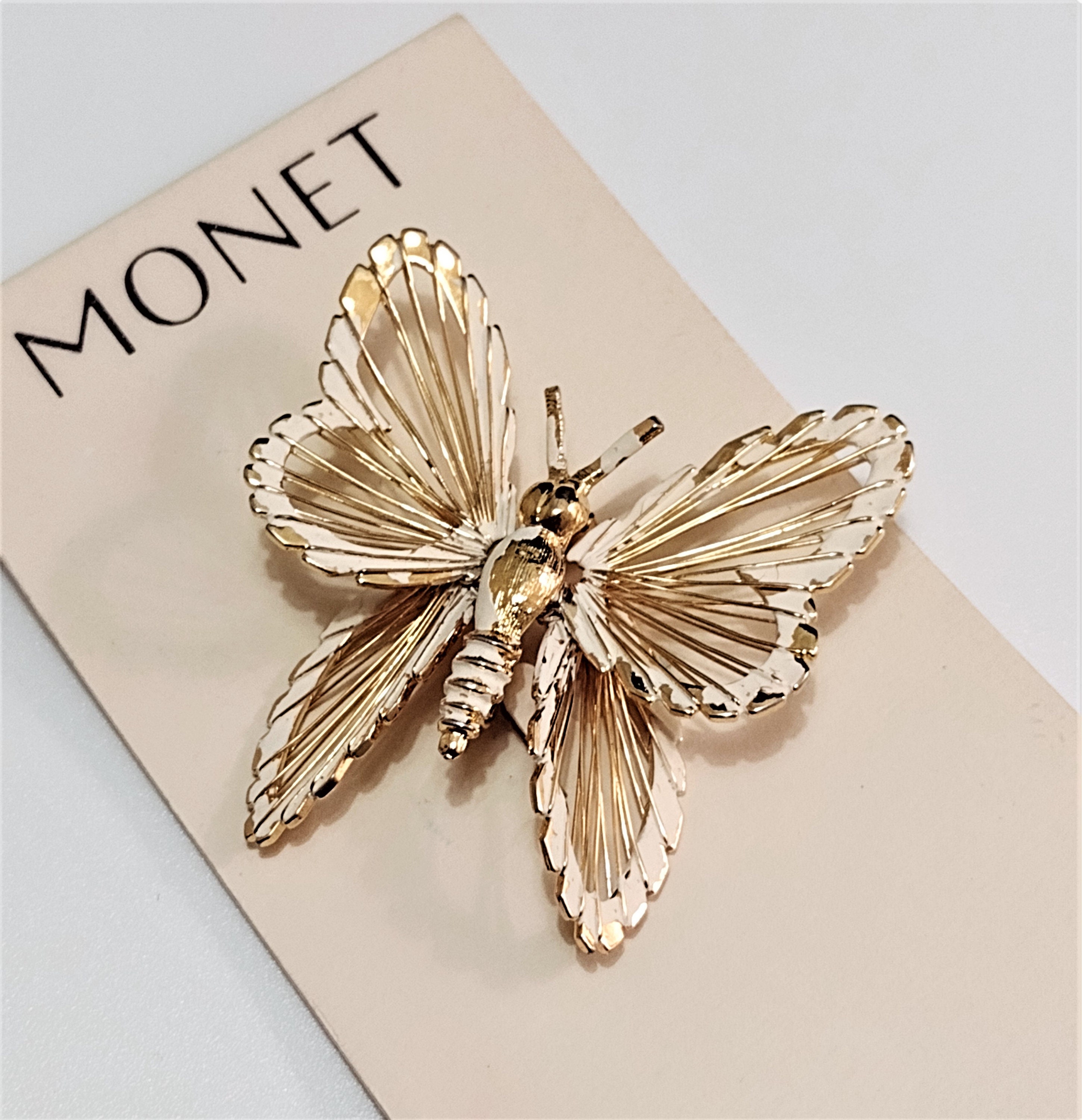 Monet Butterfly Pin Brooch Gold Tone Vintage Beige Large Wire