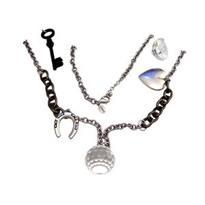Express Link Chain Necklace Silver Tone Vintage 36" Long Crystal Ball Heart Pendant Horseshoe Charm Skeleton Key Dangles