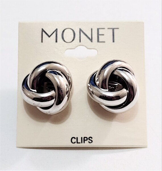 Monet Open Knot Clip On Earrings Silver Tone Plat… - image 7